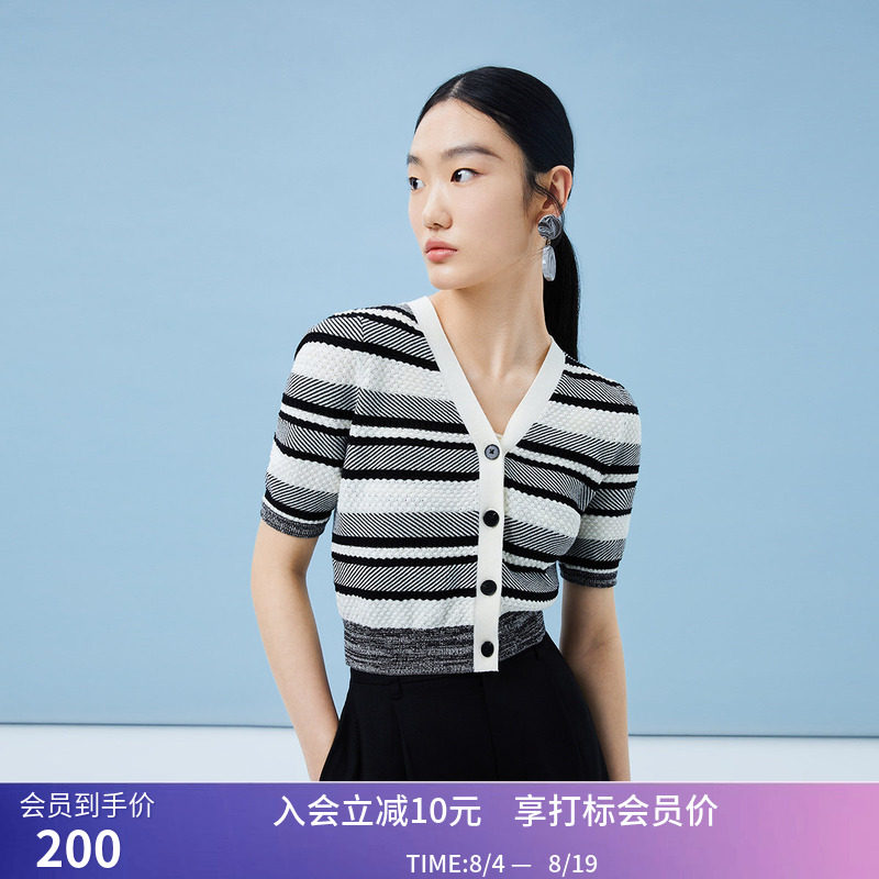 【商场同款】LILY夏新款女装复古条纹V领针织开衫小众上衣女
