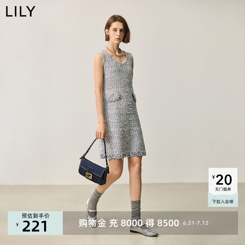 LILY2024秋新款女装优雅大气小香风无袖弧形领流苏拼接直筒连衣裙