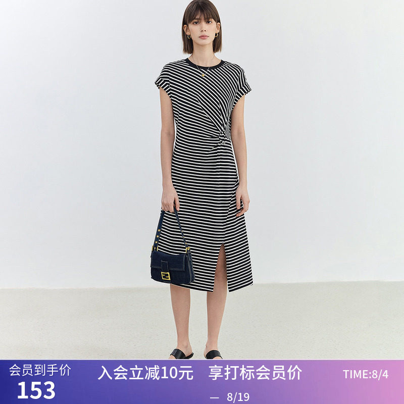 【商场同款】LILY夏新款女装复古条纹通勤款休闲修身连衣裙女