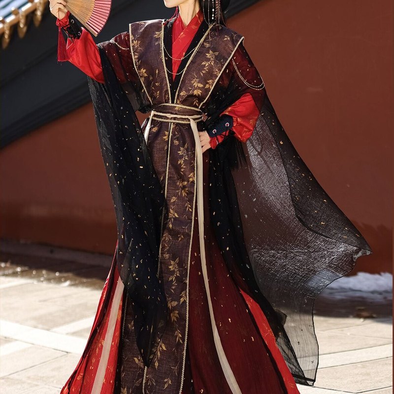 魏晋制汉服男女同款套装黑红色春