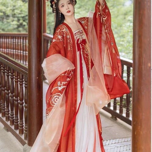 诃子裙红色汉服唐制刺绣齐胸古装