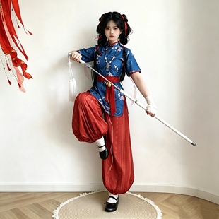 夏新款改良汉服女日常通勤小师妹中华娘武侠风旗袍灯笼裤气质显瘦