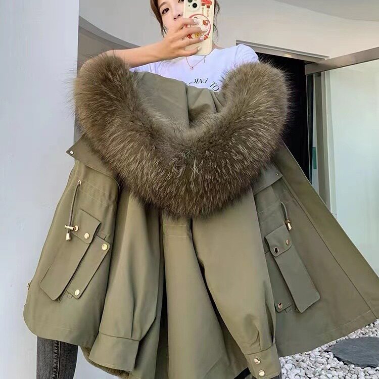 2025新款派克服女时尚獭兔毛内胆狐狸毛领可拆卸中长款皮草外套女