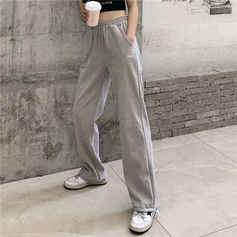 灰色运动裤女宽松束脚秋冬季休闲裤直筒高腰阔腿卫裤子垂感ins潮