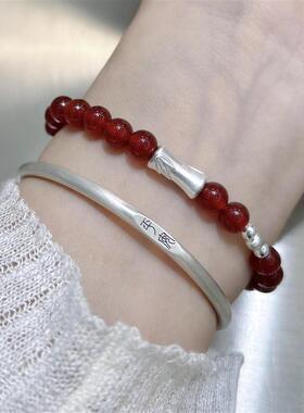 好运节节高999足银国风竹节手链新中式本命年红玛瑙手串礼物