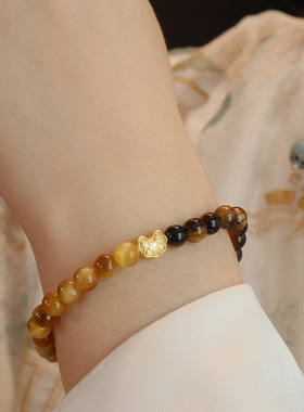 「云福」天然黄虎眼石手链女生招财转运珠如意新中式复古手串礼物
