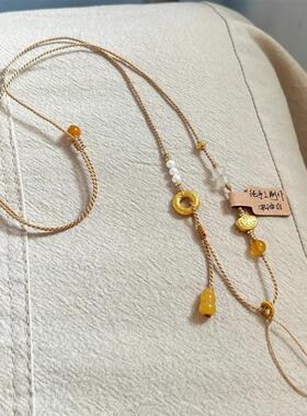 小红书同款浅棕黄编绳平安扣吊坠项链手工编织黄金锁包吊坠绳挂绳