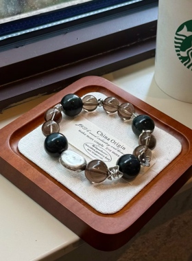 「暮色茶颜」原创天然茶水晶蓝虎眼石手串大珠复古老钱风好运礼物