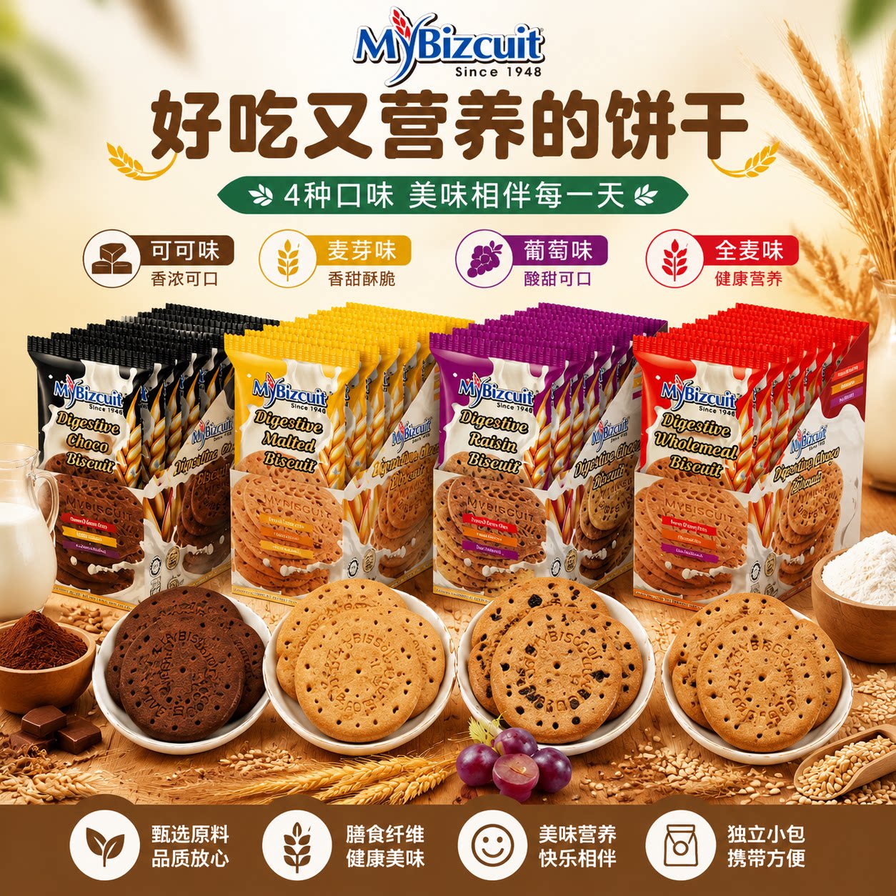 麦比客消化饼干600g进口全麦粗粮代餐休闲零食小包装便携饱腹充饥