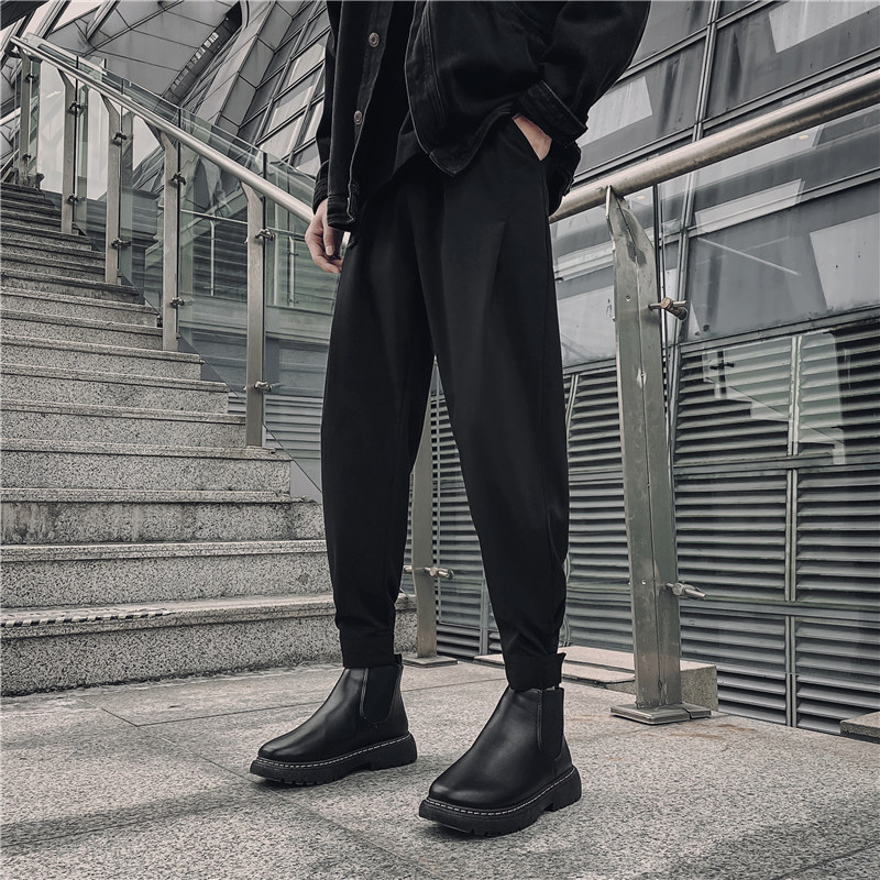 垂感切尔西靴裤男痞帅发型师潮牌休闲裤子高级感魔术贴哈伦束脚裤