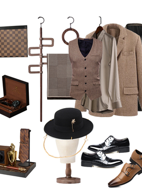 现代复古样板房衣帽间套装男士衣服皮鞋摆件展厅衣柜装饰品老钱风