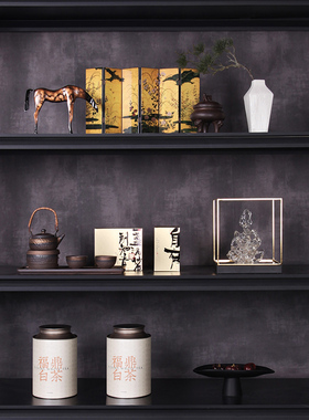 复古新中式样板间书房书柜软装摆件宋代美学茶室茶柜茶具装饰摆设