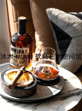 样板间茶几托盘组合飘窗床头柜摆件道具装饰洋酒瓶雪茄烟灰缸烟具