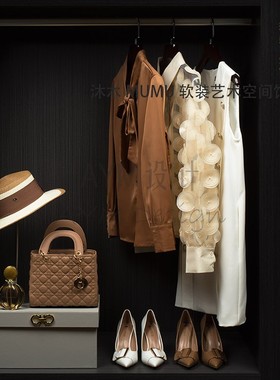 样板房衣帽间装饰品摆件衣柜展厅软装棕色服装高跟鞋收纳箱包欧式