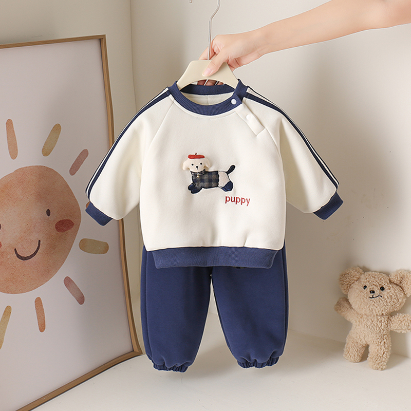 婴幼儿秋冬加绒保暖套装男宝宝洋气分体两件套卫衣裤子冬季外出服