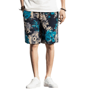 夏季亚麻社会小伙短裤男精神潮流韩版碎花纹五分裤民族风沙滩裤子