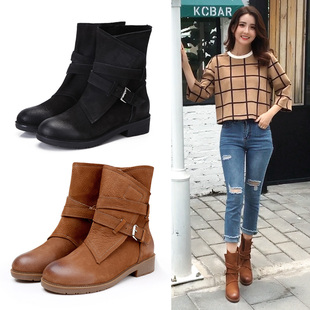 ann马丁靴女英伦风粗跟皮靴平底大码 女靴复古真皮短靴女春秋单靴