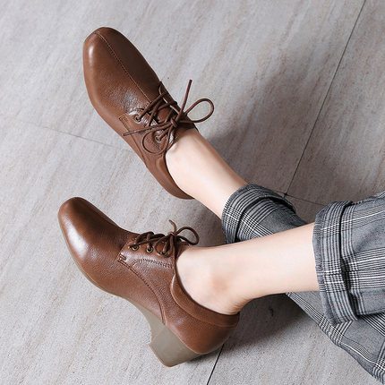 黑色小皮鞋粗跟工作鞋秋冬系带深口单鞋中跟小码通勤女鞋上班33码