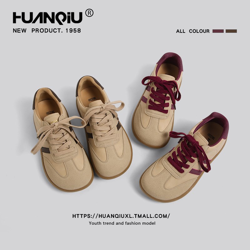 环球磨砂皮德训鞋女202t4新款秋冬复古百搭软底休闲鞋平底系带板