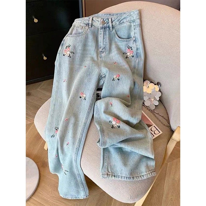 特大码花朵刺绣阔腿牛仔裤女胖mm夏季新款N镶钻裤子宽松显瘦直筒