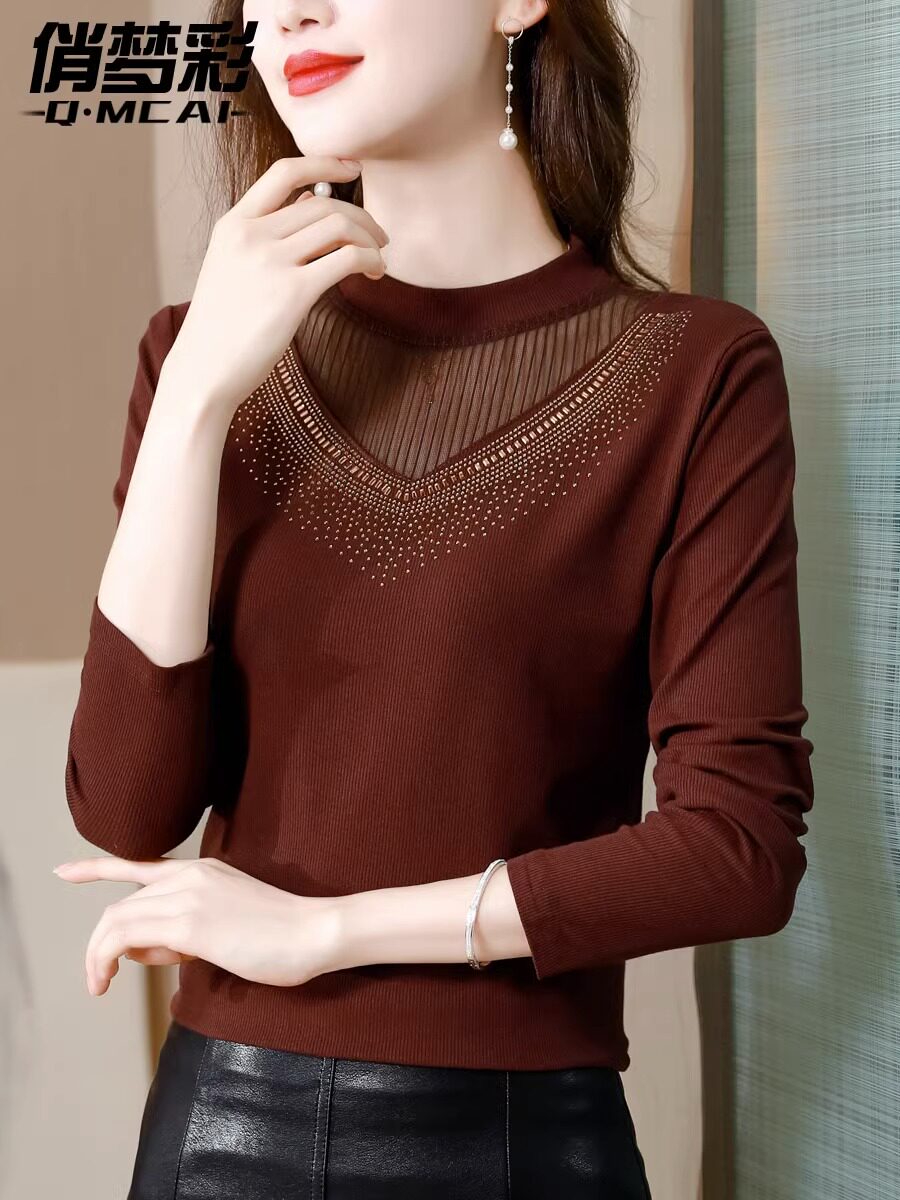 여성용 대형 보온 속옷에 벨벳을 더해 가을과 겨울 아우터웨어로 두껍게 만든 다용도 고급 메쉬 바닥 셔츠와 레이스 탑