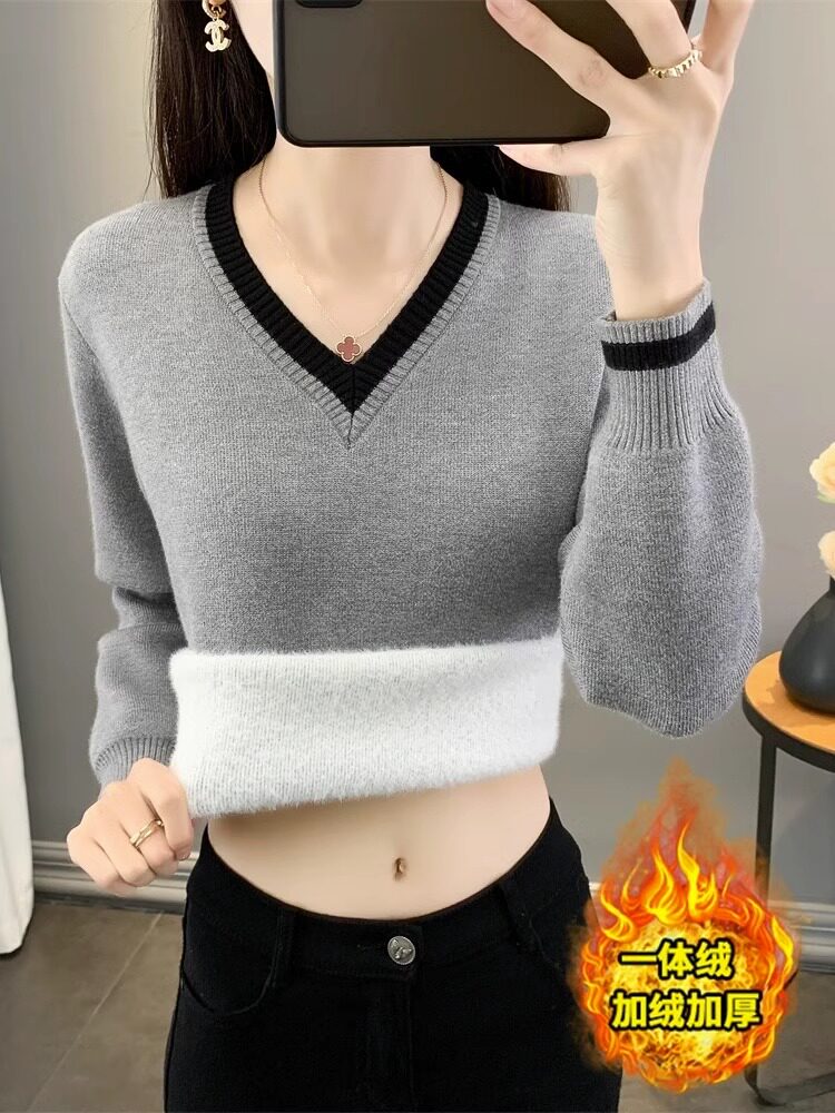 여성용 보온 의류 두꺼운 벨벳 밍크 벨벳 스웨터 가을 겨울 아우터용 원피스 벨벳 브이넥 밑단 셔츠 내부 니트 탑