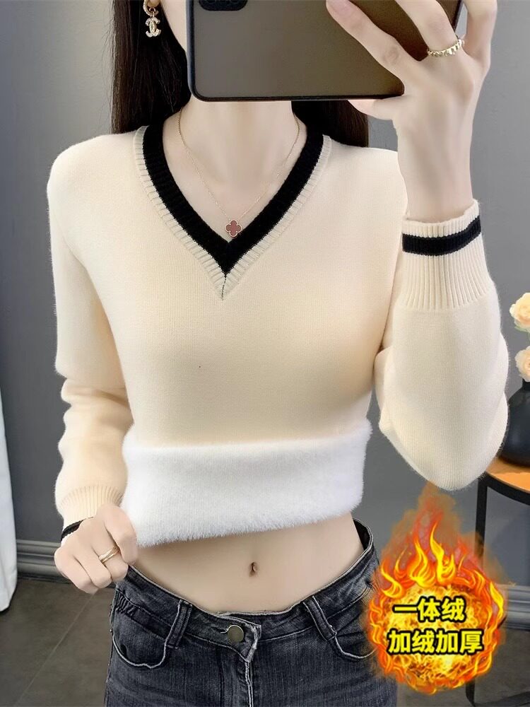 여성용 보온 의류 두꺼운 벨벳 밍크 벨벳 스웨터 가을 겨울 아우터용 원피스 벨벳 브이넥 밑단 셔츠 내부 니트 탑