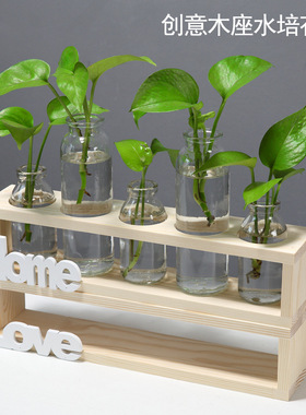 小清新木架水培植物容器创意家居客厅桌面装饰品摆件水培玻璃花瓶