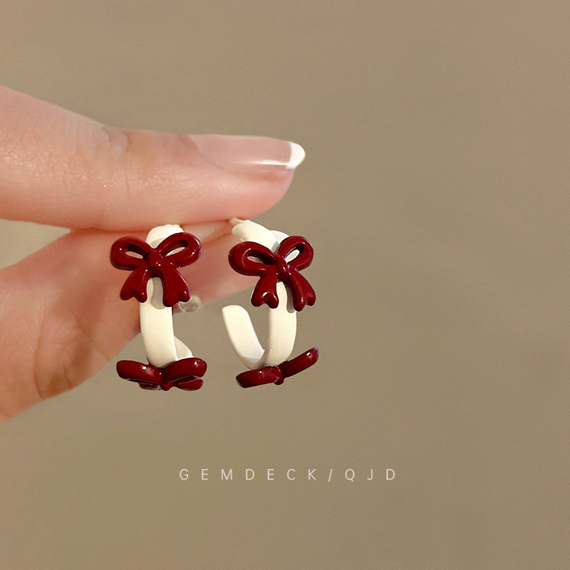 韩系安可拉红色蝴蝶结撞色耳钉复古轻奢通勤耳环气质甜美C型耳圈,饰品/流行首饰/时尚饰品新,耳钉,淘宝优惠券,粉丝福利购,淘宝优惠卷