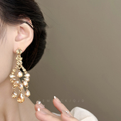 法式 轻奢香槟色镶钻耳环闪耀宴会长款 水滴耳钉高级感夸张流苏耳饰