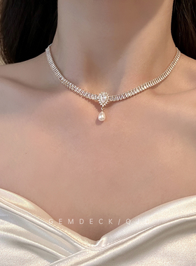 法式赫本风珍珠锆石项链锁骨链
