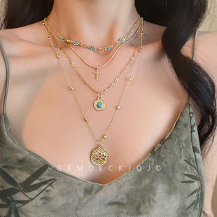 复古波西米亚风花朵十字架项链高级感轻奢中古多层叠戴锁骨链颈链
