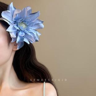 春夏氛围感晕染蓝色大丽菊发夹甜美清新度假风仿真花朵发卡侧边夹