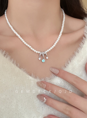 韩系精致镶钻蓝色锆石珍珠项链