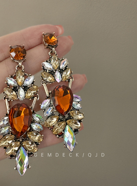 宫廷风夸张水钻耳环vintage做旧风法式复古新中式耳饰ins气质耳钉