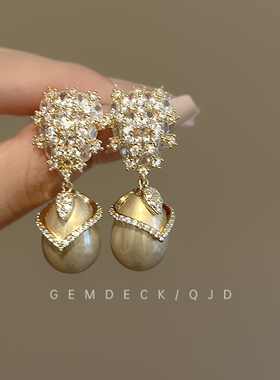 法式轻奢香槟色珍珠锆石耳环爆闪满钻名媛风耳钉高级感气质耳饰女