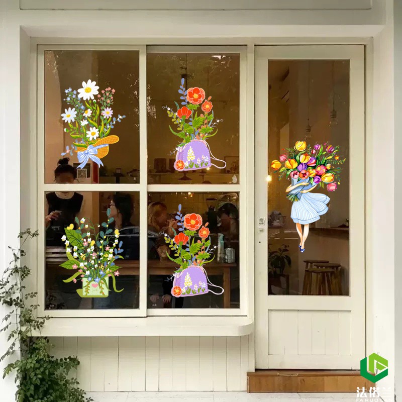 春天花朵橱窗治合愈系静电窗花贴