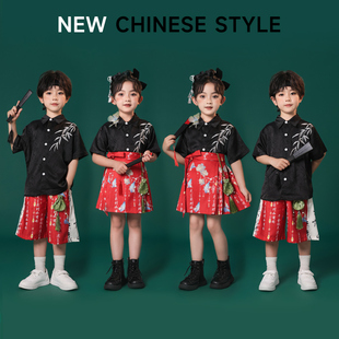 六一儿童表演服幼儿园中国风团体合唱演出服黑色衬衫 男女童马面裙