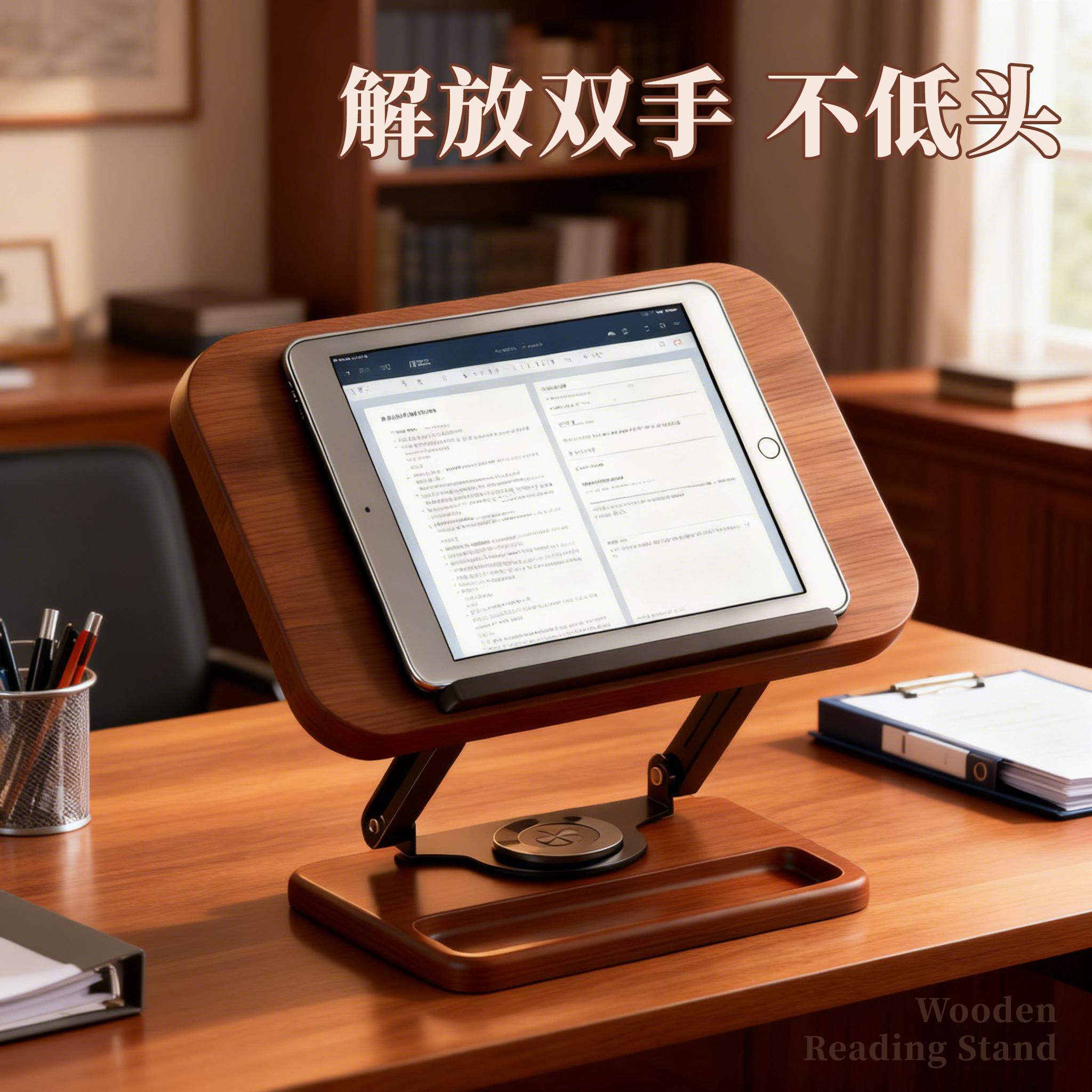 【高品质胡桃木书架】可旋转升降