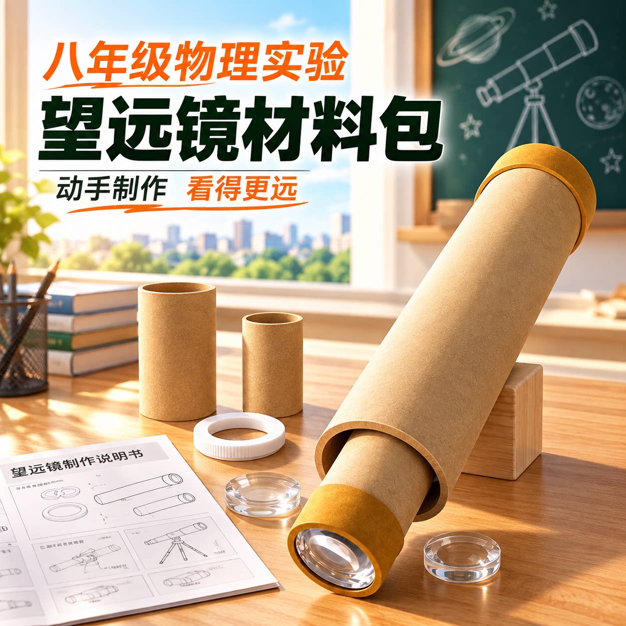 自制望远镜材料包伽利略开普勒八年级光学玻璃镜片凹凸透镜凸透镜成像原理应用光学镜片物理实验器材