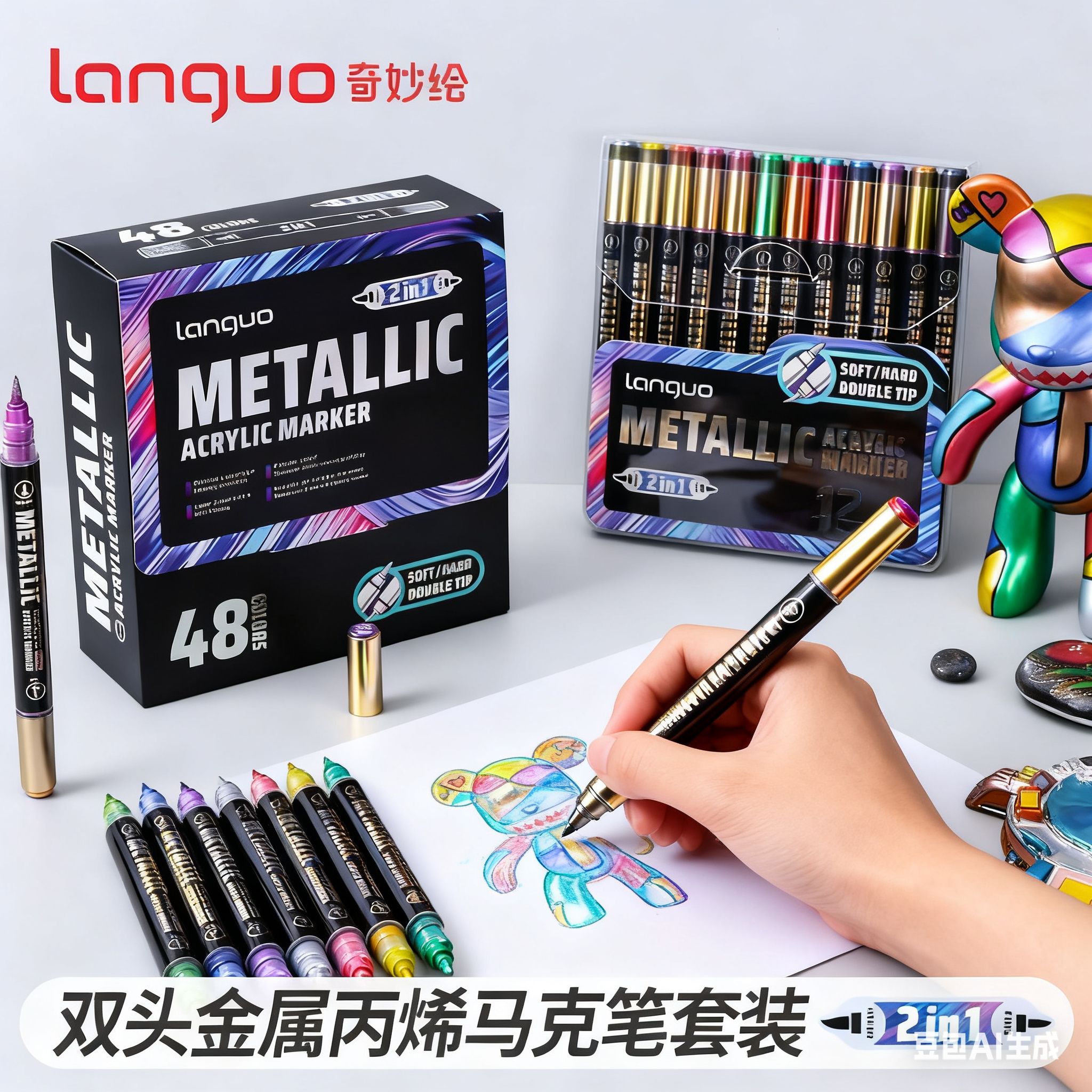 蓝果金属色工艺笔高光丙烯马克笔金色银色防水不掉色签名笔秀丽笔描金笔镀金软毛勾线笔相册DIY黑卡纸记号笔
