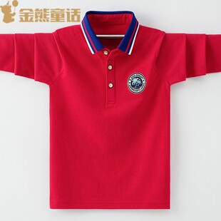 10岁男童长袖t恤红色polo衫带领2021新款薄翻领内搭打底上衣春秋