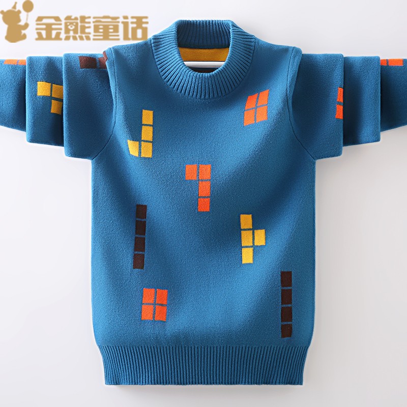 男童冬季厚款毛衣潮2023新款打底上衣圆领套头衫加绒加厚纯棉线衣