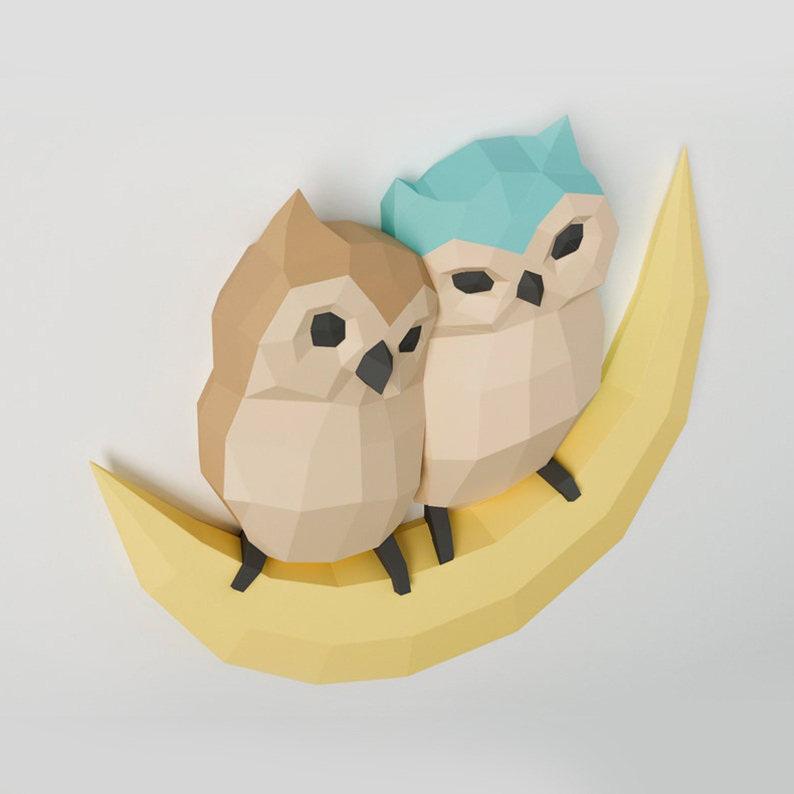 月亮上猫头鹰 动物纸模3d立体几何橱窗客厅卧室儿童房装饰壁挂