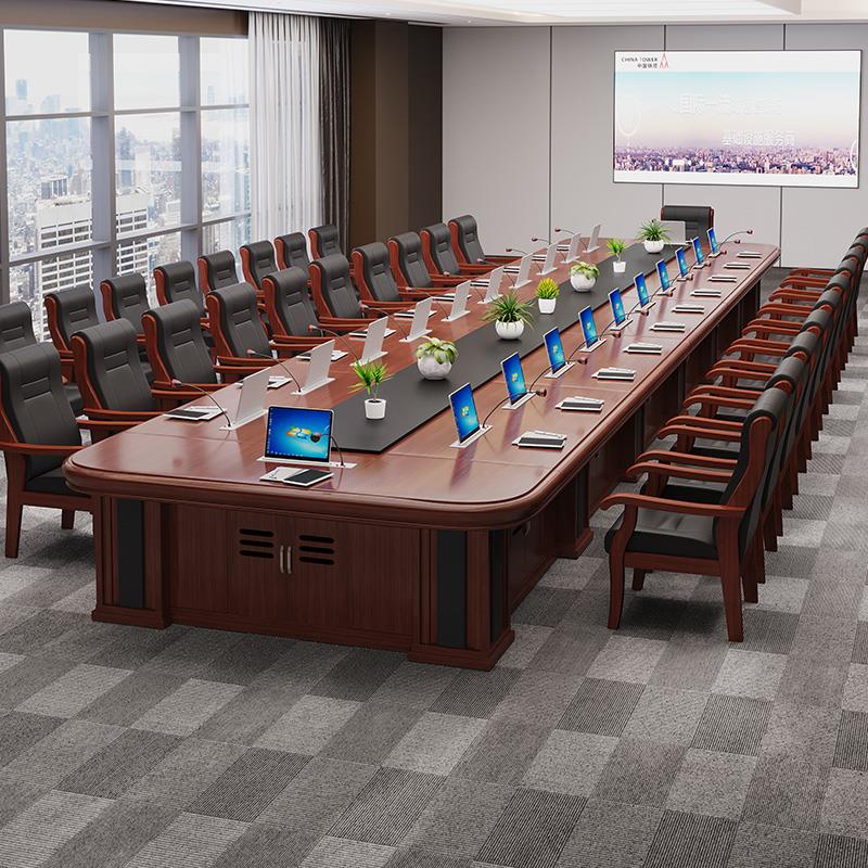 无纸化会议桌智能升降屏会议室多人开会桌实木油漆大型会议台定做