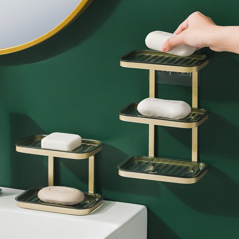 家用肥皂盒架子双层轻奢风沥水免打孔壁挂式卫生间收纳香皂盒置物