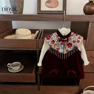 乌糖 爆闪 子潮重工款 旗袍裙丝绒新年 定制柠里国风加 新中式