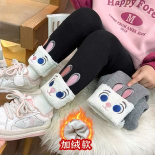 【乌糖】百搭女童秋款绒警官学生一体儿童翻边兔子加绒卡通打底裤