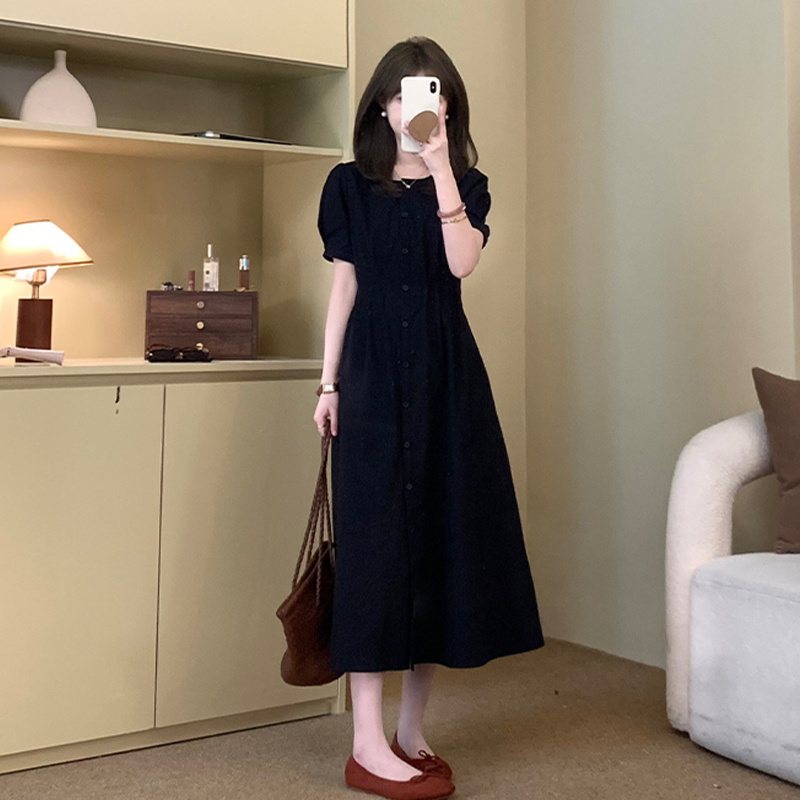 小个子短袖连衣裙2025新款裙子女夏今年流行爆款法式褶皱收腰长裙