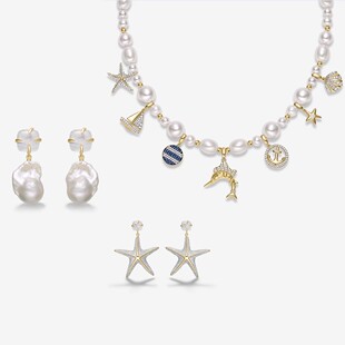 何家原厂海边百搭奇遇项链925纯银水滴珍珠耳环闪闪海星耳钉女